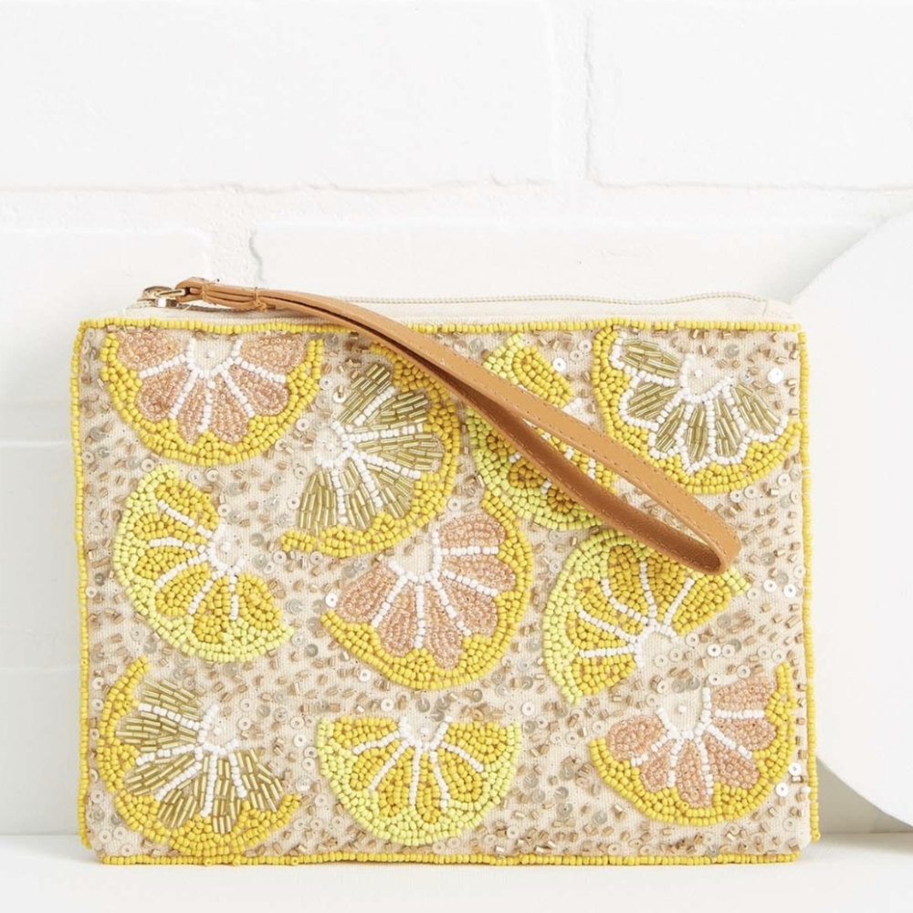 LULU's Beaded Lemon Wristlet Clutch Bag
